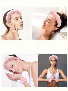6pcs Luxury Super Soft Fiber SPA Headband And Wristband Set, Facial Wash Headband, Makeup Headband, Skincare Headband, Velvet Fluffy Sponge Headband, Soft Absorbent Towel Cloth Scrunchie, Suitable For Skincare, Makeup Removal, Bathing, For Women - 多色 4 - 查看 6