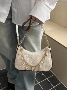 女士贝壳珍珠链条草编腋下包，夏季海滩度假风单肩包 - 白色 - 查看 5