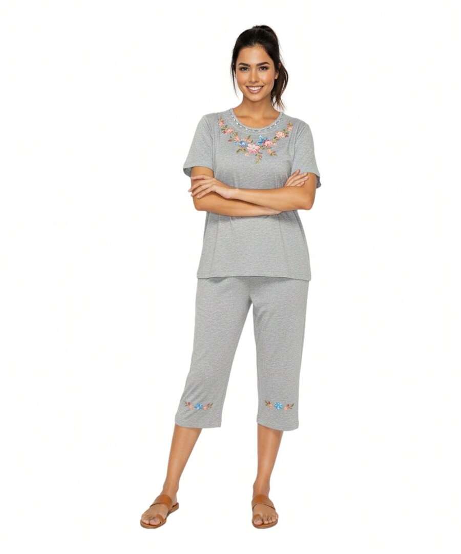 Women Short Sleeves Embroidered Cotton Blend Lounge Wear  Sets - L.Grey - View 1