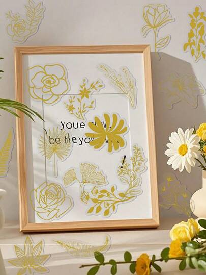 50pcs Elegant Floral Stickers PET Material With Hot Foil Stamping Chic And Artistic Designs Perfect For Guitars, Scrapbooks, Laptops, Parties, Suitcases, Desktops, And Holiday Gift Decorations