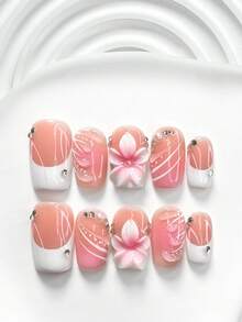 10片装夏季美甲凝胶套装，包含亚克力镶嵌甲片、手工五瓣粉色花朵美甲装饰、手绘纯色水波纹、白色波点、法式边、白色指甲油，以及美甲工具（1张果冻贴+1把指甲锉），三种尺寸可选：方形、短方形、杏仁形 - 彩色 - 查看 4