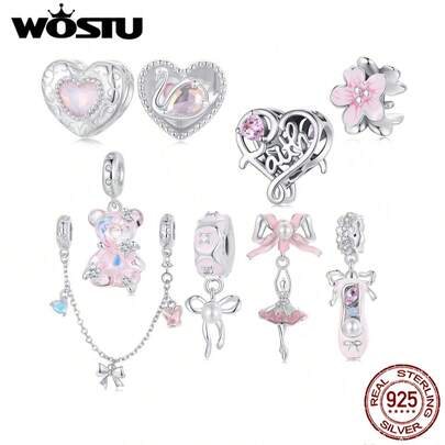 WOSTU 1颗925纯银芭蕾舞女孩心形珠子或芭蕾舞鞋蝴蝶结珠子，天鹅吊坠珠子，适合女士DIY手链和项链，精致珠宝礼品，粉色系列，婚礼新娘珠宝