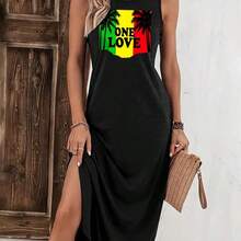 Women's Sleeveless Graphic Print Tank Dress - ONE LOVE Palm Tree & Rastafarian Color Stripe Design, Casual Round Neck With Pockets, Medium Stretch Machine Washable All-Season Comfort, Tank Top Dress, Everyday Fashion, Vibrant Design, Mediumstretch Fabric - 黑色 - 查看 2