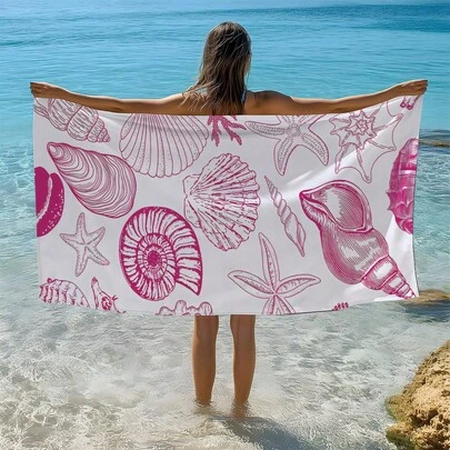 1条夏季粉色贝壳海星印花沙滩巾/浴巾，单面印花，速干超柔软纤维沙滩巾，防晒披肩毯，瑜伽垫，便携式假日沙滩泳池运动毛巾，亲肤柔软礼品毛巾，轻便沐浴沙滩必备品