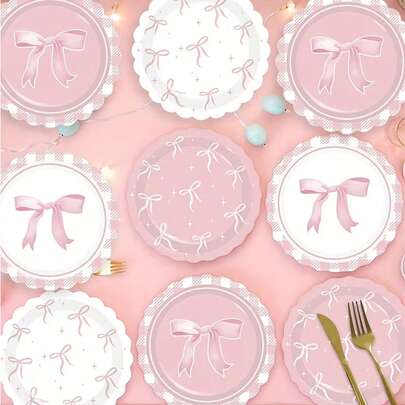 1个粉色蝴蝶结派对纸盘，防漏防刮，少女格子花纹边甜点盘，适用于生日派对、下午茶、婚礼、迎婴派对、公主风派对餐具套装