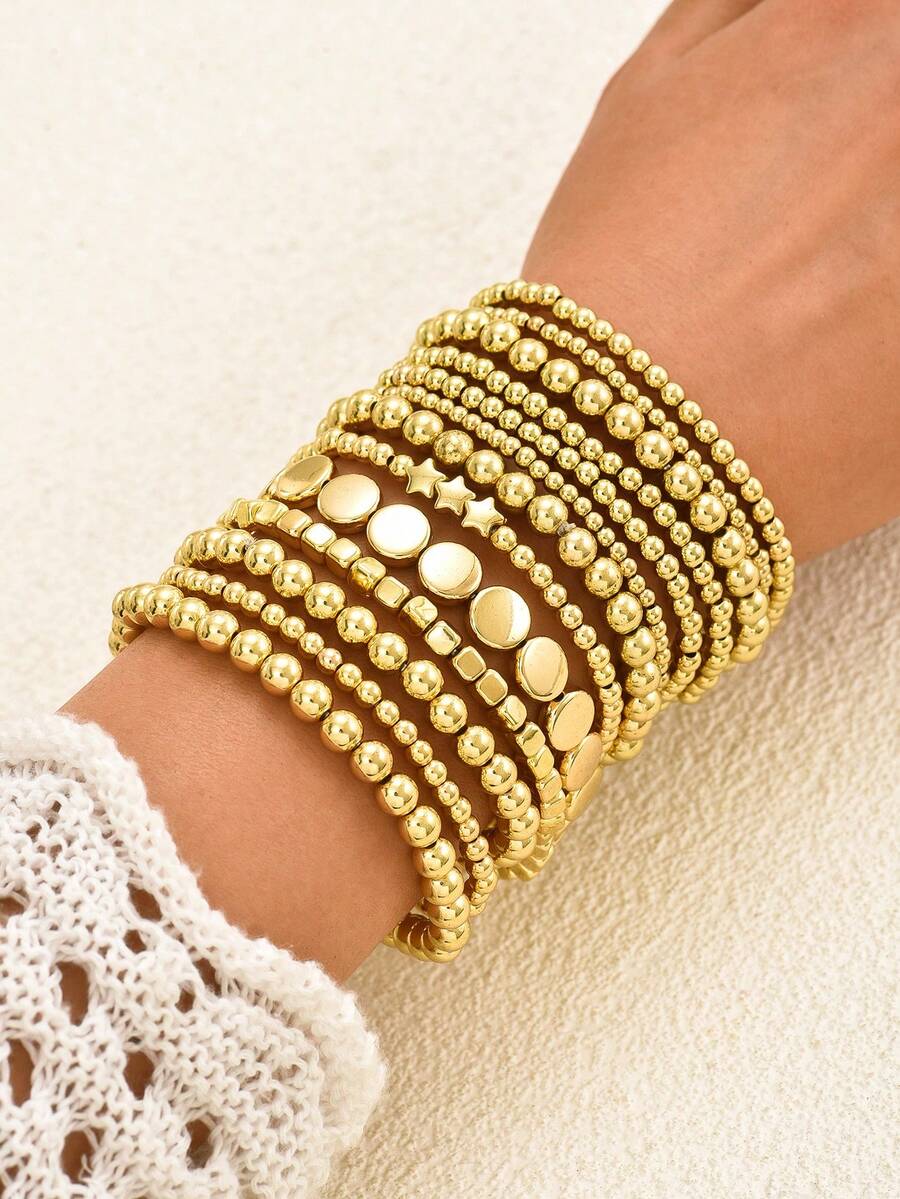 Bộ 13 vòng tay hạt cườm phong cách Bohemian dành cho nữ, thiết kế đơn giản với hình ngôi sao và hạt tròn, nhẹ nhàng và thanh lịch, phù hợp cho trang sức hàng ngày và dự tiệc, món quà trang sức lý tưởng dành cho các cô gái. - Vàng - Xem 1