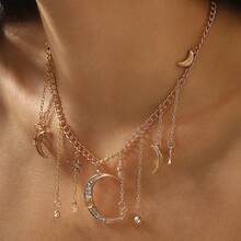 Mydear 1pc Fashion Tassel Rhinestone Star & Moon Pendant Necklace, Suitable For Women's Daily, Party And Festival Wear - Tassel - View 3