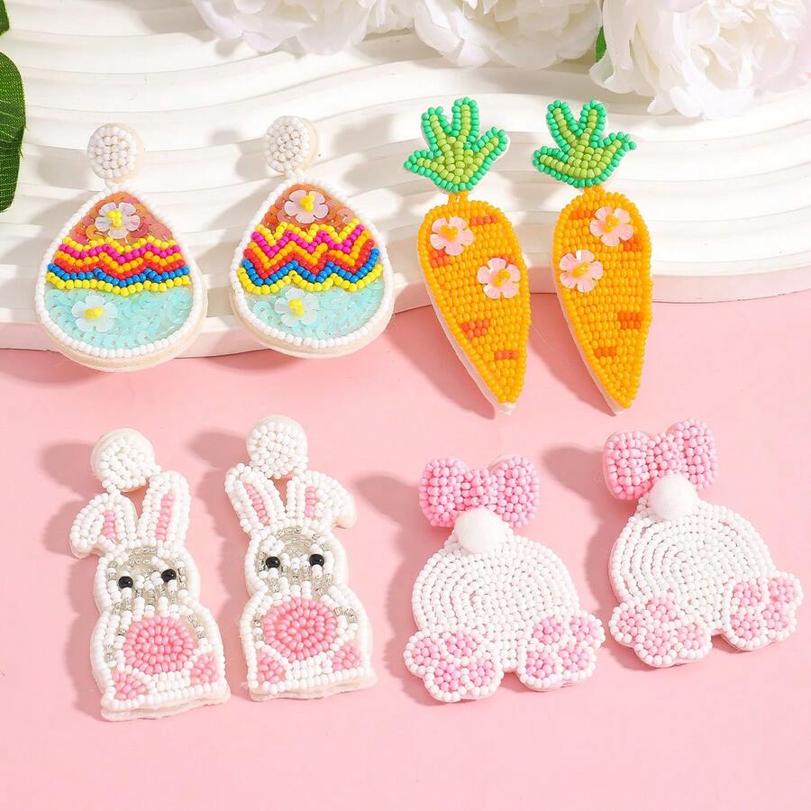Pendientes hechos a mano con cuentas de estilo bohemio, lindos pendientes de conejo, zanahoria y huevo para Pascua y vacaciones de primavera - Multicolor - Ver 1