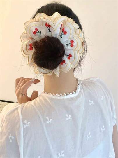1pc Sweet & Elegant Fabric Embroidered Cherry Scrunchie, Ponytail Holder Hair Accessory, Suitable For Dresses, Daily Outfits, Bohemian Hairstyles, Autumn/Spring Hair Elastics Hair Rubber Bands Hair Rope Elastic Hair Tie
