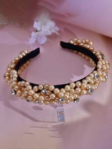 1pc Elegant Champagne Pearl & Rhinestone Handmade Headband, Princess Style Suitable For Bride, Wedding, Celebration, Party, Casual Wear - Champagne - View 4