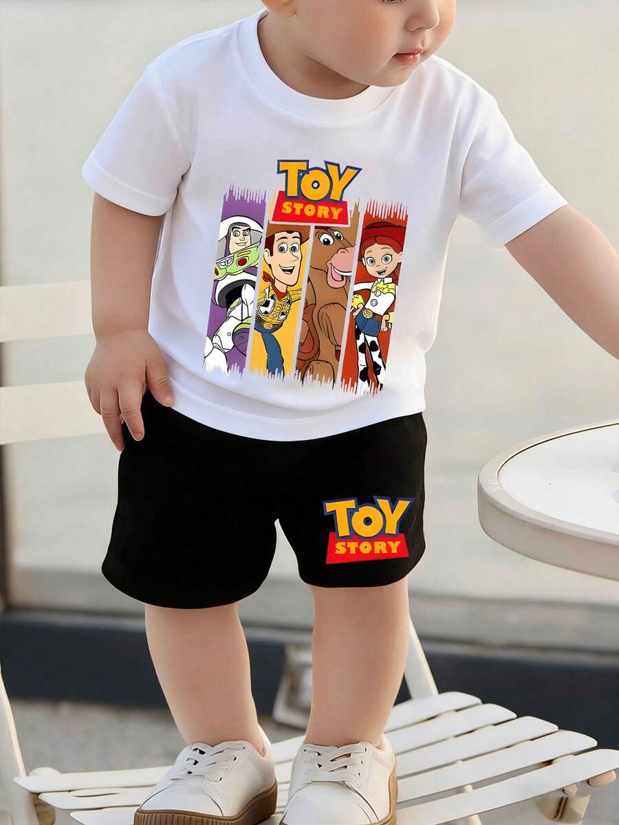 Disney Toy Story Two-Piece Set For Boys And Girls, Featuring Classic Characters Like Buzz Lightyear, Judy, And Jessie. Casual And Simple Short-Sleeved Crew Neck T-Shirt And Shorts, Perfect For Summer Wear And A Must-Have For Summer Outdoor Activities. - 白色 - 查看 1