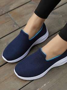 女士透气针织运动鞋，轻便低帮套脚鞋，女士休闲步行鞋 - 藍色 - 查看 5