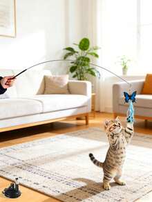1pc Colorful Artificial Feather Butterfly & Insect Design Interactive Cat Wand Toy, Strong Suction Cup For Indoor & Outdoor Hunting Exercise, Perfect For Kitten & Adult Cat, Great Easter Gift - Multicolor - View 3