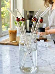 1/2 Set Marienkäfer Glas Strohhalm Set - Wiederverwendbare transparente gebogene Strohhalme geeignet für Smoothies und Cocktails | Süße Küchen- und Party-Kleingeschenke geeignet für Sommercamp, Schulanfang, Vatertag und Muttertag | Einzigartige Geschenkidee - Verschiedenfarbig - Übersicht 2