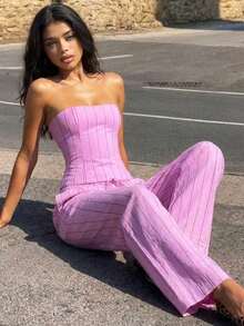 Women's Elegant Pink Striped Drawstring Wide Leg Pants, Chic Casual Vacation Pants - Pink - View 9