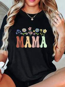 Regalos para el Día de la Madre, camisetas de verano con diseño floral de flores silvestres para mamá, tops casuales de manga corta y cuello redondo para verano y primavera, ropa para mujer. - Negro - Ver 6