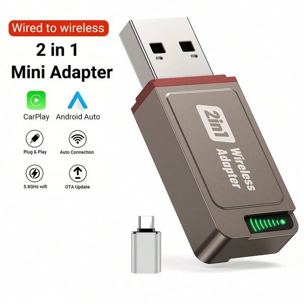 Convertidor inalámbrico 2 en 1 de CarPlay y Android Auto, convierte el CarPlay con cable a inalámbrico, tamaño mini con cable de extensión USB y USB-A/Tipo-C, estable y con baja latencia, adecuado para varios modelos de automóviles