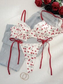 1 Set Women's Printed Lace Patchwork Underwire Soft Cup Comfortable Lingerie Set - Apricot - View 3