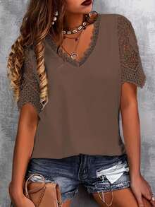 Plus Size Women V-Neck Short Sleeve Lace Patchwork T-Shirt, Summer Vacation Casual - Camel - View 2