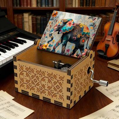 Hand Crank Wooden Music Box - Colorful Floral Elephant Engraved Musical Box, No Battery Needed, Perfect Gift For Elephant Lovers, Christmas, Birthday