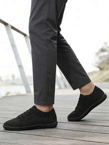 Black Low-Top Canvas Sneakers, Lightweight & Breathable, Wide Toe Box With Lace-Up Design, Casual Daily Wear For Men In Spring/Summer - Black - View 3