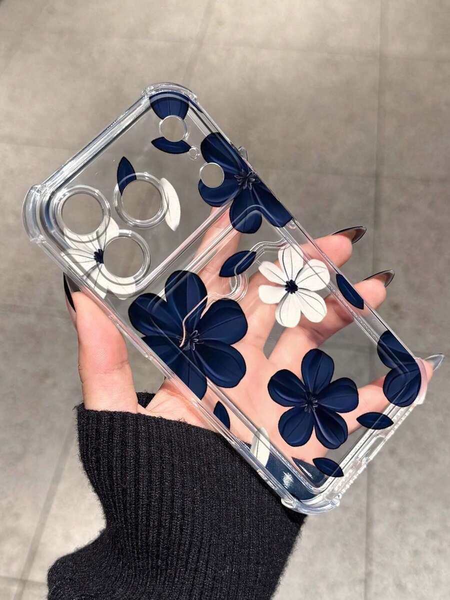 Flower Blue & White Floral Card Holder Anti-Drop Phone Case Compatible With Apple 17/16/14 Pro Max, High-Quality New Model 13, 15, Ins Style 12/12 Pro, 11, 15 Pro Max, 16 - Clear - View 1