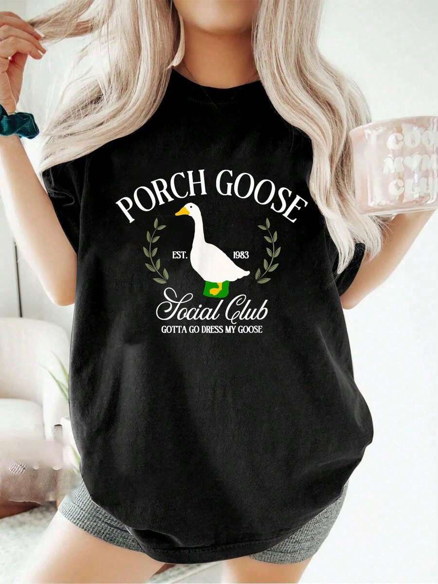 Porch Goose Social Club Tengo que irme Viste a mi ganso Camiseta Silly Goose Camiseta gráfica - Negro - Ver 1