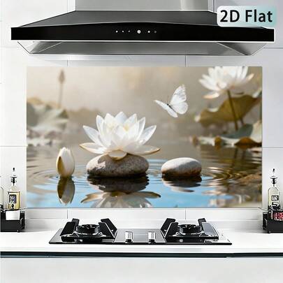 1 miếng dán phẳng 2D tự dính chống bắn dầu mỡ cho nhà bếp, họa tiết đá sen trắng lấy cảm hứng từ phong cách Zen, dễ lắp đặt, dễ lau chùi và chống dầu. Thích hợp để trang trí tường nhà bếp và phòng ăn.