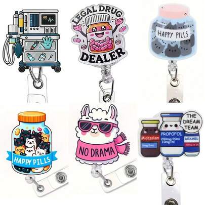 1个趣味医疗系列可伸缩亚克力医生证件套 - 2D卡通护士设计，耐用医疗证件套，工作必备，护士证挂绳，医疗专业设备，医院员工使用