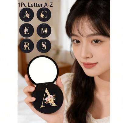 Gương tròn màu đen thời trang, trang trí bằng họa tiết hoa vàng chữ cái A-Z - Phụ kiện du lịch thiết kế độc đáo, gương mini trượt tiện lợi, chất liệu nhựa, chống mài mòn và bền, nhẹ và dễ mang theo, gương bỏ túi, gương trang điểm mini, bề mặt gương trong suốt và không bị biến dạng, quà tặng cá nhân hóa cho đám cưới.