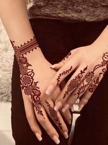 4pcs Brown, Red, Burgundy Sexy Floral Toe & Hand Henna Temporary Tattoo Stickers, Waterproof Flower Tattoo Stickers For Women, Suitable For Wedding, Party - Red - View 6