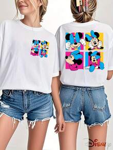 Disney Genuine Authorization, Mickey Mouse Classic Character Pattern Printing Ladies 100% Cotton T-Shirt-Creative Cartoon Printing, Breathable Light Fabric, Regular Round Neck Summer Street Casual Shirt, Disney Shirt, Pattern And Text Closely Combined, Full Of Fun And Memory.  Disney Genuine Authorization, Mickey Mouse Classic Character Pattern Printing Ladies 100% Cotton T-Shirt-Creative Cartoon Printing, Breathable Light Fabric, Regular Round Neck Summer Street Casual Shirt, Disney Shirt, Pattern And Text Closely Combined, Full Of Fun And Memory. - 白色 - 查看 1