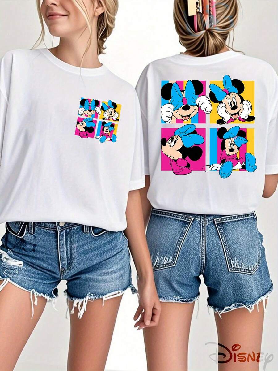 Disney Genuine Authorization, Mickey Mouse Classic Character Pattern Printing Ladies 100% Cotton T-Shirt-Creative Cartoon Printing, Breathable Light Fabric, Regular Round Neck Summer Street Casual Shirt, Disney Shirt, Pattern And Text Closely Combined, Full Of Fun And Memory.  Disney Genuine Authorization, Mickey Mouse Classic Character Pattern Printing Ladies 100% Cotton T-Shirt-Creative Cartoon Printing, Breathable Light Fabric, Regular Round Neck Summer Street Casual Shirt, Disney Shirt, Pattern And Text Closely Combined, Full Of Fun And Memory. - 白色 - 查看 1