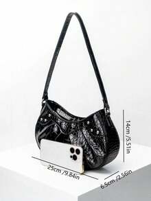 1pc Girls' Crocodile Grain Minimalist Underarm One Shoulder Baguette Bag, Rivet Fashion Shoulder Bag, Coin Purse, Suitable For Daily Use, Ideal Gift Choice - Black - View 2