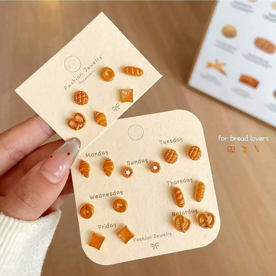 14件/6件套可爱卡通焦糖面包甜甜圈耳钉套装，简约百搭女士首饰，返校季/万圣节礼物 - 彩色 - 查看 1