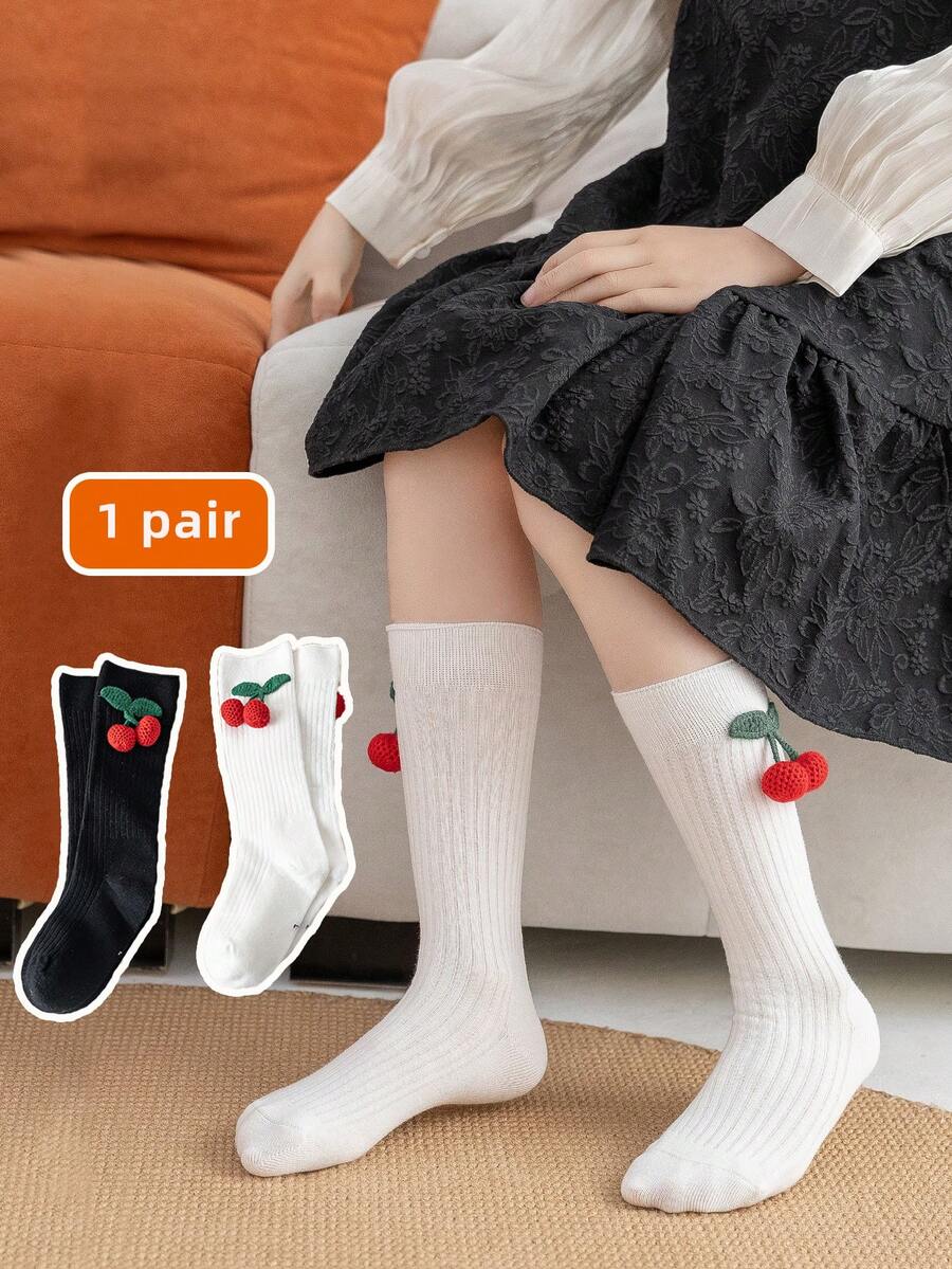 1 Pair Children's Socks, Regular Style With Pom Pom Decor, Snug Fit JK Style Outerwear, Solid Color Versatile, For Girls, Spring/Summer - Multicolor - View 1