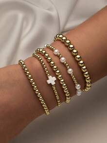 11pcs Fashion CCB Gold & Silver Faux Pearl Multi-Layer Elastic Bracelet Set, Stackable Bracelets Suitable For Women's Daily, Vacation, Party Wear - Bracelet - View 7