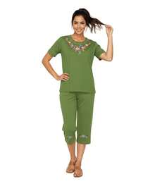 Women Short Sleeves Embroidered Cotton Blend Lounge Wear  Sets - Lumut - View 2