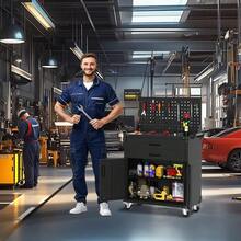 Armario de herramientas de acero resistente con ruedas, armario de almacenamiento con cerradura para garaje con 2 cajones, estante ajustable, tablero perforado y 4 ruedas, banco de trabajo con carrito - Negro - Ver 10