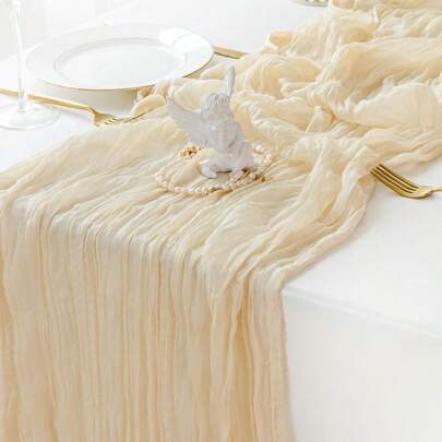 1pc/4pcs Bohemian Crinkle Gauze Country Wedding Party Gathering Table Runner, 90*180cm/90*300cm Crinkle Tablecloth Table Runner, Home Decor Tablecloth, Wedding Party Tablecloth, Gathering Dining Table Center Decor Tablecloth, Kitchen Decor, Valentine's Day Decor (Beige)