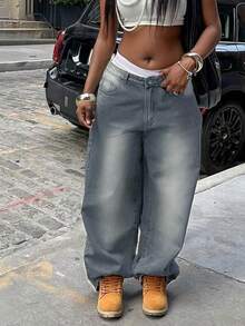 Women's Y2K Washed Vintage Wide Leg Jeans, Casual Vacation Style Spring - Gray - View 3