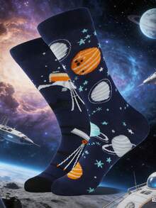 2双男士休闲太空主题百搭袜子 - 黑與白 - 查看 2