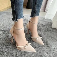 Zapatos de tacón para mujer Zapatos de tacón de aguja con punta cerrada, adorno de perlas y delicado cierre con broche de lazo. Elegantes zapatos de novia con un aire de cuento de hadas. - Albaricoque - Ver 8