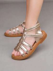 1 Pair Roman Style Girls Sandals, Versatile & Fashionable, Cute Baby Shoes, Princess Style Toddler Shoes, Children Round Toe Soft Bottom Shoes, Suitable For Spring, Summer, Autumn - Gold - View 6