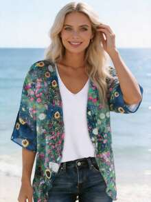 Womens Kimono Beach Cover Up Chiffon Cardigan Floral Tops Loose Capes Beach Festival Shirt - 綠色 - 查看 2