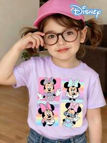 Disney Light Purple Background Minnie Mouse Polka Dot Bow Print Kids' Short Sleeve T-Shirt - Playful And Cute Casual Top - 紫丁香色 - 查看 1