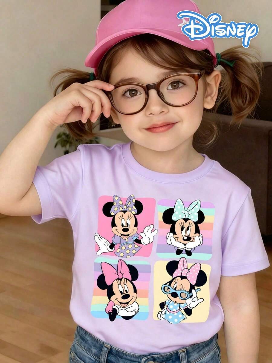 Disney Light Purple Background Minnie Mouse Polka Dot Bow Print Kids' Short Sleeve T-Shirt - Playful And Cute Casual Top - 紫丁香色 - 查看 1