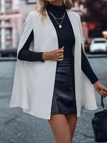 1pc White Cape-Style Blazer, Commuting & Dating Elegant Shawl Collar Jacket, Spring/Autumn Versatile Mid-Length Outerwear - White - View 4