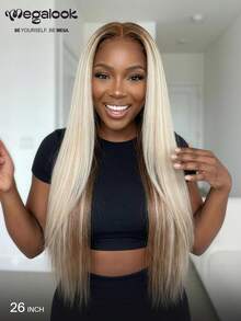 MEGALOOK 蜜金色挑染真人发假发 13x4 透明蕾丝前假发 女士直发渐变金色真人发假发 预先拔毛 可调节假发帽 自然发际线 直发波浪真人发假发 - 彩色 - 查看 3