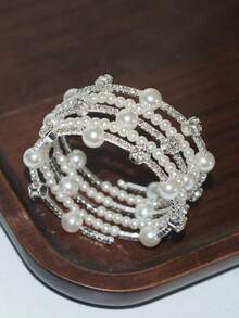 1pc New Fashion 5-Row Multi-Layer Crystal Pearl Twist Cuff Bracelet, Bridal Wedding Gift For Women And GirlsWomen's Top-Quality Bracelet & Bangle, Exquisite & Minimalist Design, High-Quality Texture, Brighten Skin Tone & Slim Wrist Look, Unique Non-Repetitive Style, All-Match For Daily Wear, Commute, Vacation, Party, Banquet & Bridal Jewelry, Perfect Gift For Birthday, Best Friend, Valentine's Day And Mother's Day - 彩色 - 查看 2